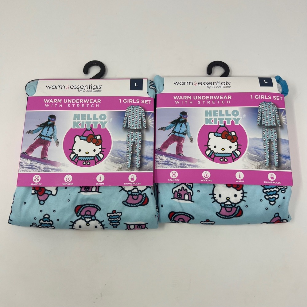 LOT of 2 Cuddl Duds Warm Essentials Thermal Girls L 10/12 Hello Kitty 2 pc Set